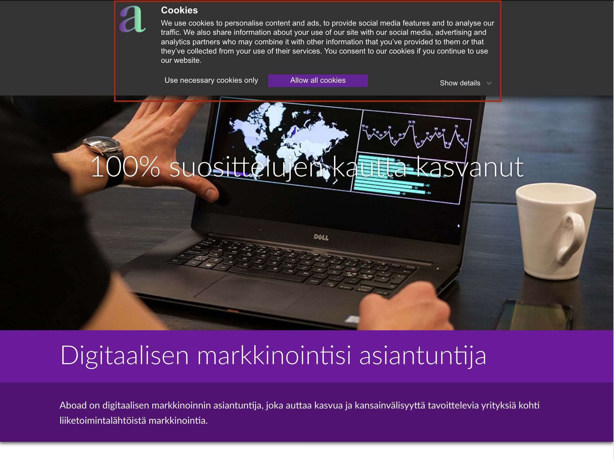 Evästeilmoitus, jossa käyttäjä voi valita evästeiden käytöstä